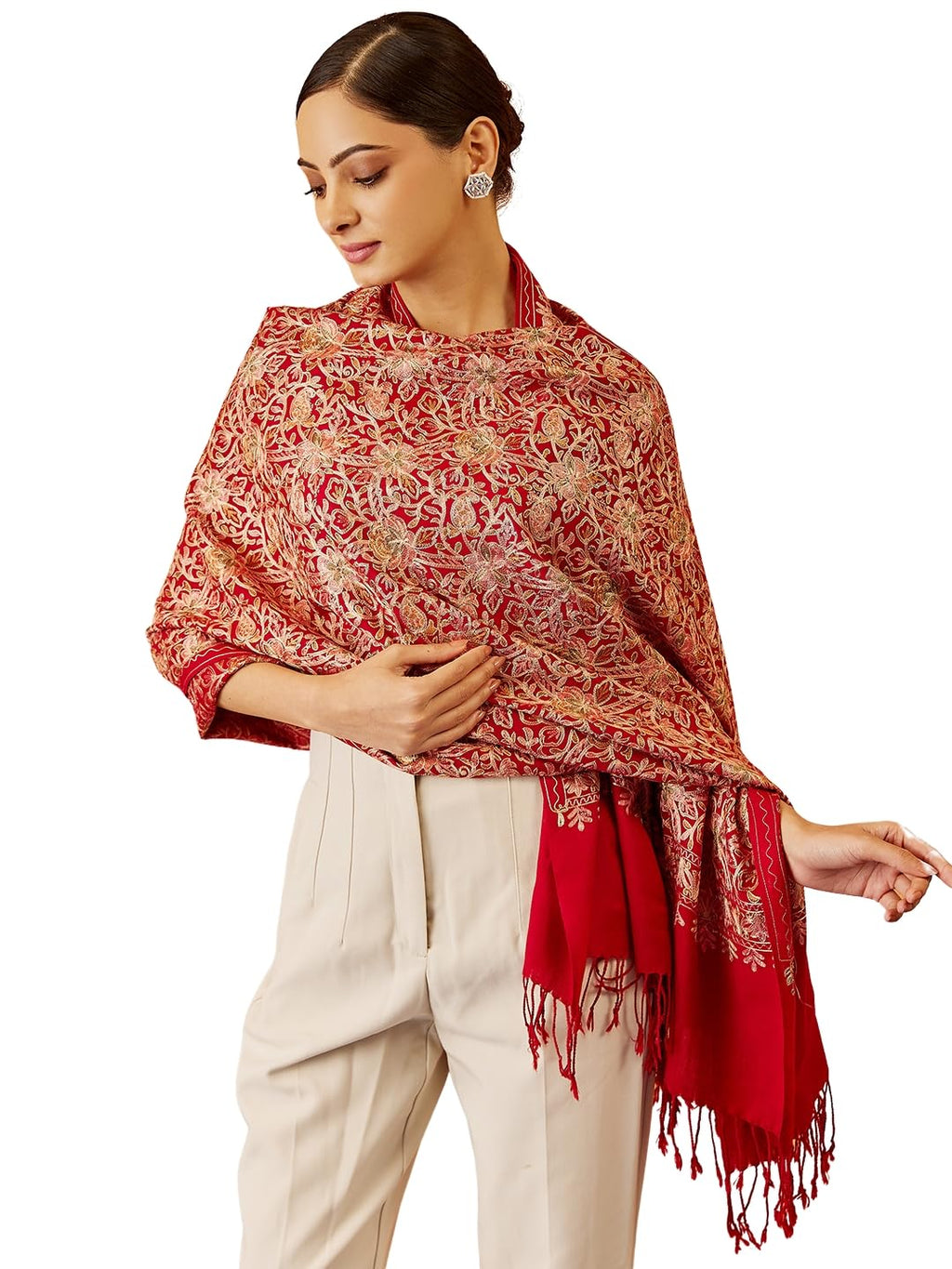 Pashmoda Women Shaguft Wool Blend Nalki Embroidered Stole, Shawl and Wrap, Luxury Pashmina Evening Wrap (Size: 71X203 CM)
