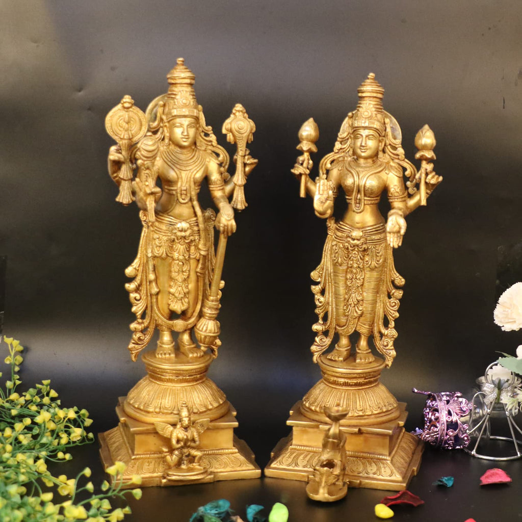 ARTVARKO Big Brass Vishnu Laxmi Murti Lord Bhagwan Vishnu Narayan Lakshmi Statue Idol Murti for Home Decor Mandir Pooja Goddess Laxmi Ji with Vishnu Height 14 Inch