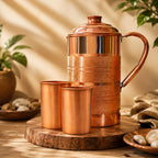 Adoko Pure Copper Water Jug 2 Litre with 2 Copper Glasses (300ml Each) | Ayurvedic Copper Pitcher Set for Drinking & Storage for Health & Wellness
