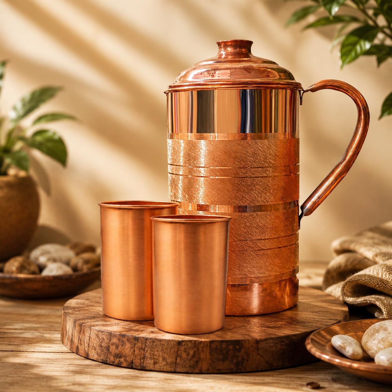 Adoko Pure Copper Water Jug 2 Litre with 2 Copper Glasses (300ml Each) | Ayurvedic Copper Pitcher Set for Drinking & Storage for Health & Wellness