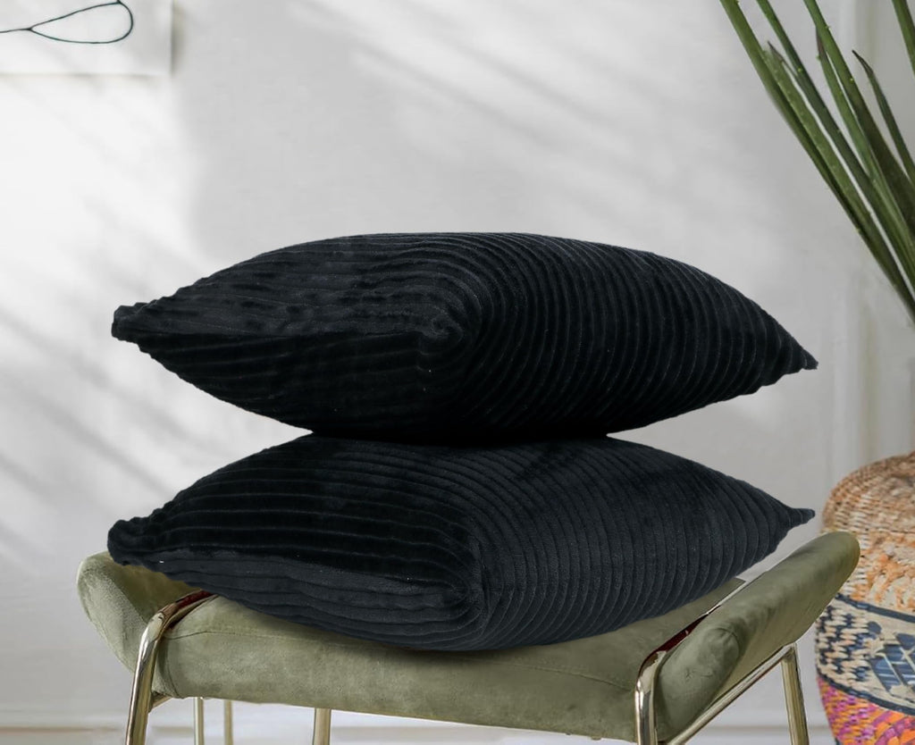 RD TREND® Cushion Cover Set of 2, Decorative Sofa Living Room Home Square Cushion Covers 18 Inch x 18 Inch, Aesthetic Corduroy Striped Double Sided (Black)