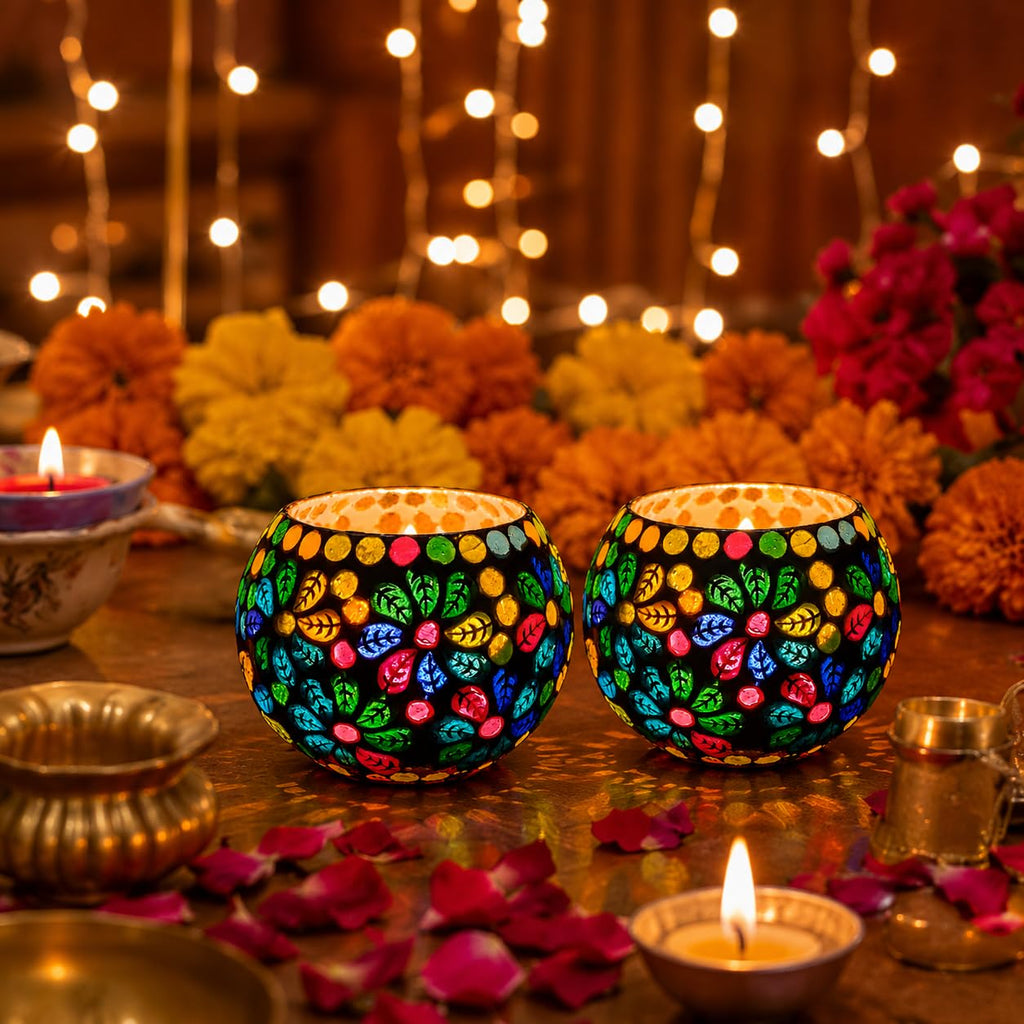 Floryn Decor Morrocan Mosaic Candle Holders | Home Light Decorations Items | Mosaic Glass Tealight Holder | Best lamp for Diwali Decoration | Pack of 2 (with 2 Tealight Candle Free)