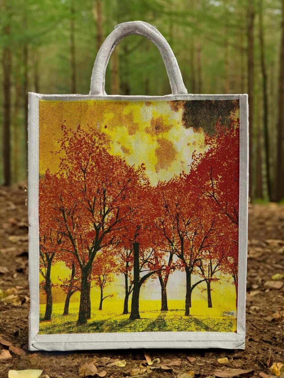 Jute Club Printed Canvas Bag|Shopping|Office|Tiffin| Multipurpose|Eco Friendly with Zipper lock|Spacious|100% Organic Cotton Tote with Lamination-14 X16 X5 (5Pc, Forest Fall)
