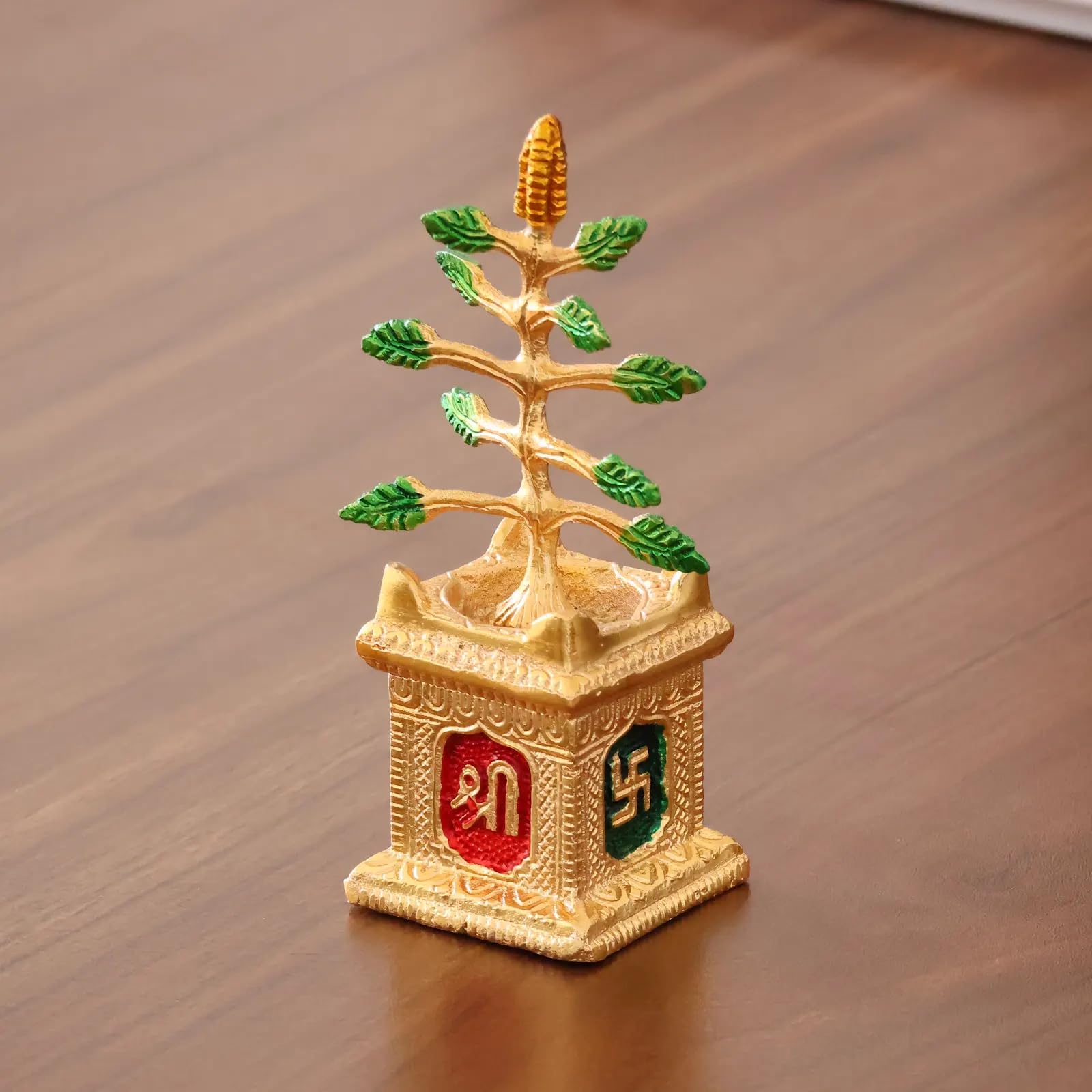 KridayKraft Spiritual Metal Tulsi Pot Decorative Showpiece Figure – Metal Artifical Tulsa ji Plant for Home Temple Accent for Pooja Room, Symbol of Positivity & for Gifting (Golden)