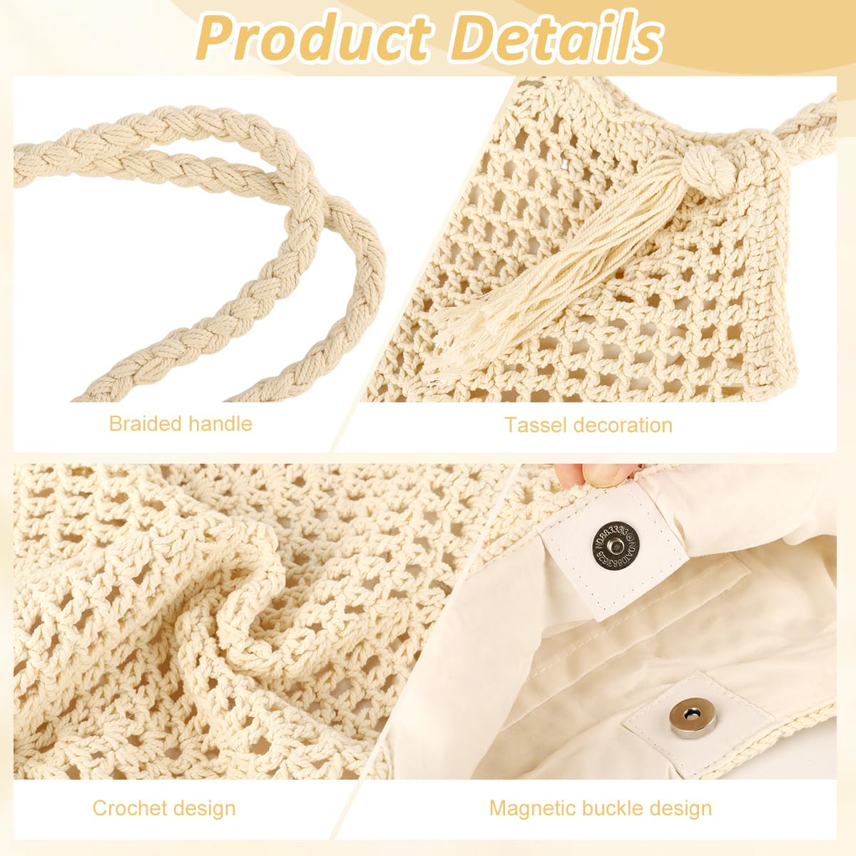 PALAY® Tote Bag for Woman Beige Crochet Beach Bohemian Women Handbags Hollow Out Knitting Shoulder Bag with Tassel Ornament Elegant Braided Hand Bag for Summer Vacation Travel