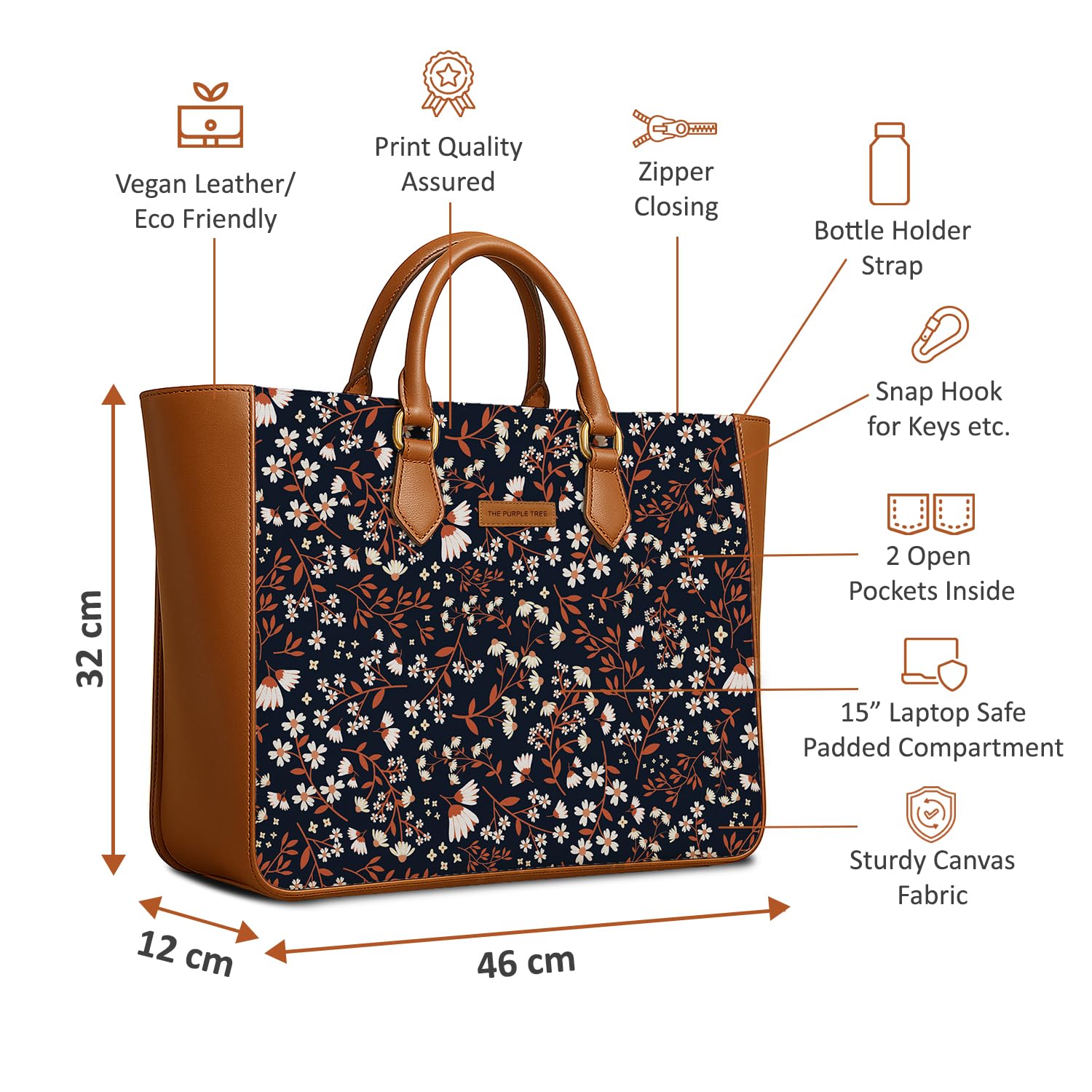The Purple Tree Women's Office Essential Bag | Vegan Leather Handbag with Laptop Compartment | Spacious Office Bag | Durable Non-Fade Designer Work Tote for Travel, College & Daily Use (Meadow Night)