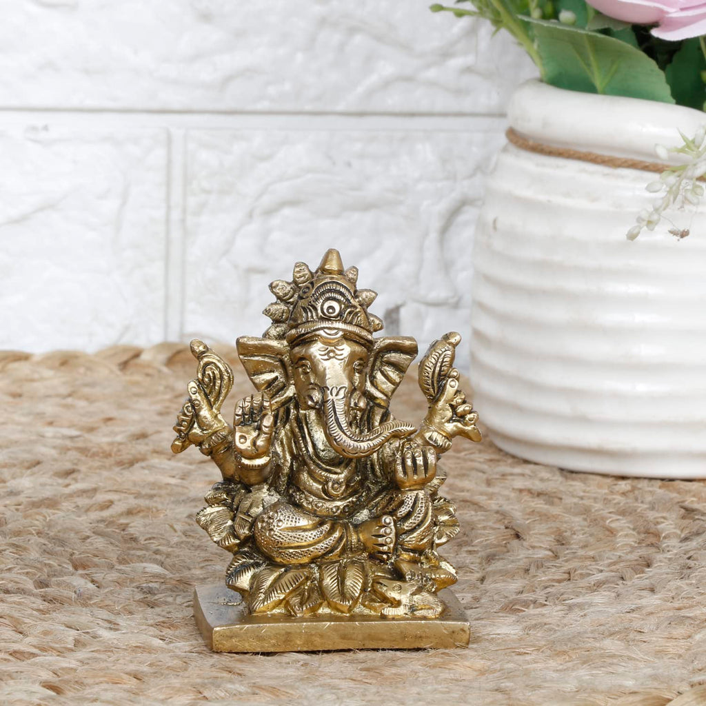 SVARUP Brass Lord Ganesh Ganpati Sitting On Lotus Ganesha Idol for Puja Home Decor Gift Height 3 inch