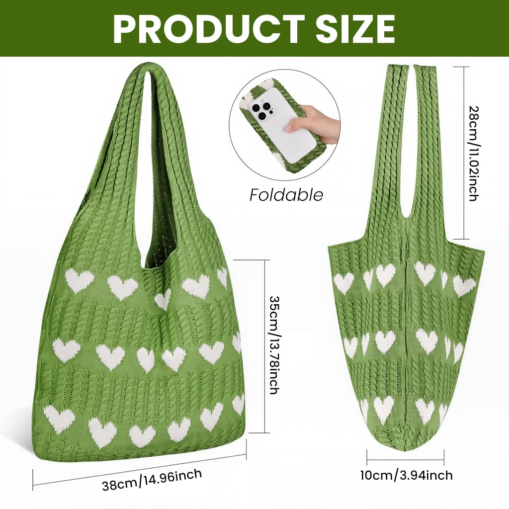 Zibuyu Crochet Heart Tote Bag, Cream Knit With Plush Charm for School