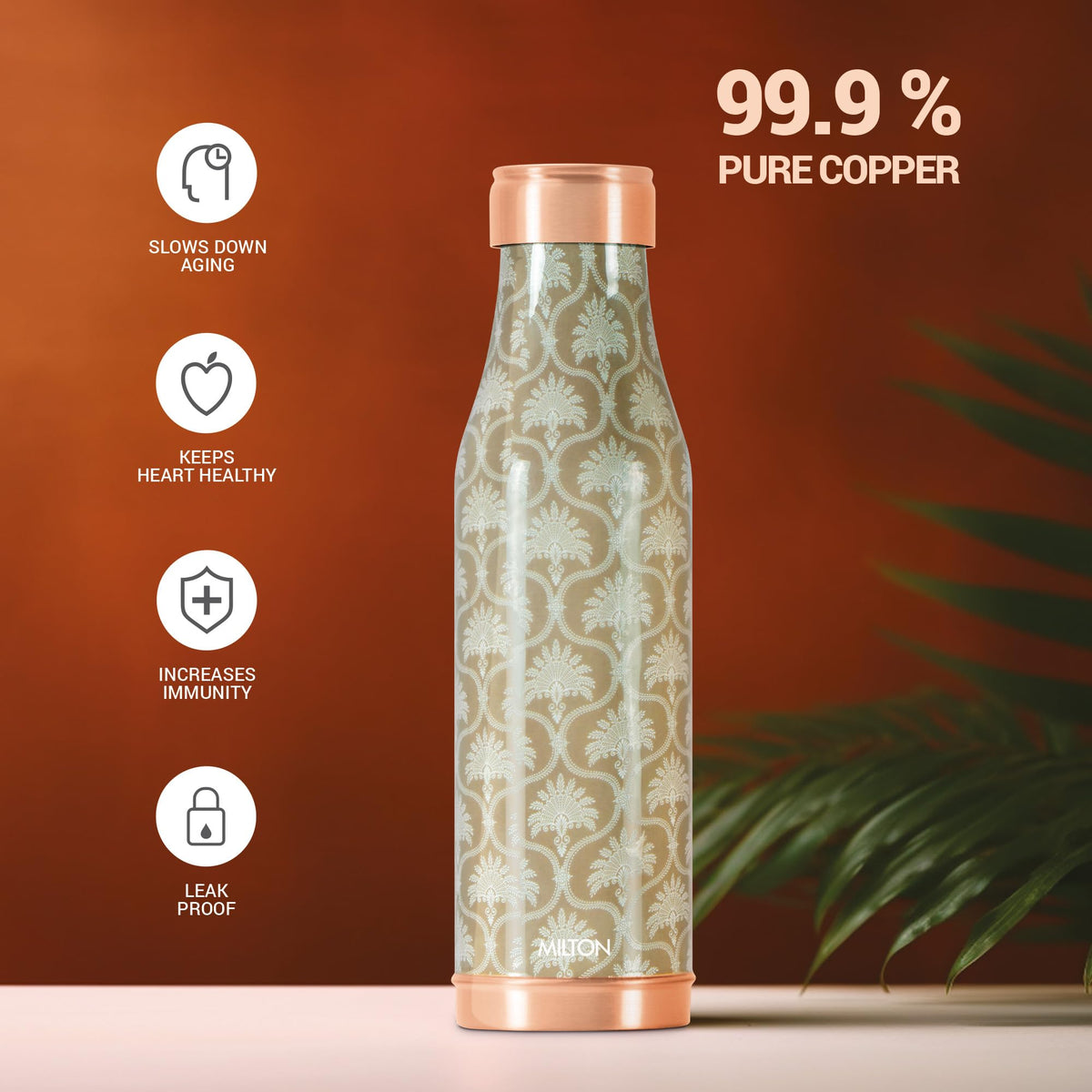 MILTON Copper Charge Design Water Bottle, 850 ml, Royal | Lacquer Coating, Curved bottle | Diwali | Festive | Gifting | Yoga | Home | Kitchen | Vedic
