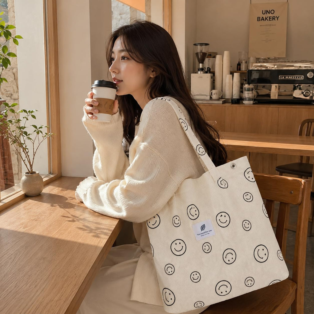 Street27 Womens Korean Canvas Corduroy Tote Bag Casual Work Shoulder Handbags|Multi-Purpose Bag |Sturdy Canvas Bag With Large Capacity|Shopping Bag For Office,College & Daily Use (Smiley Beige)