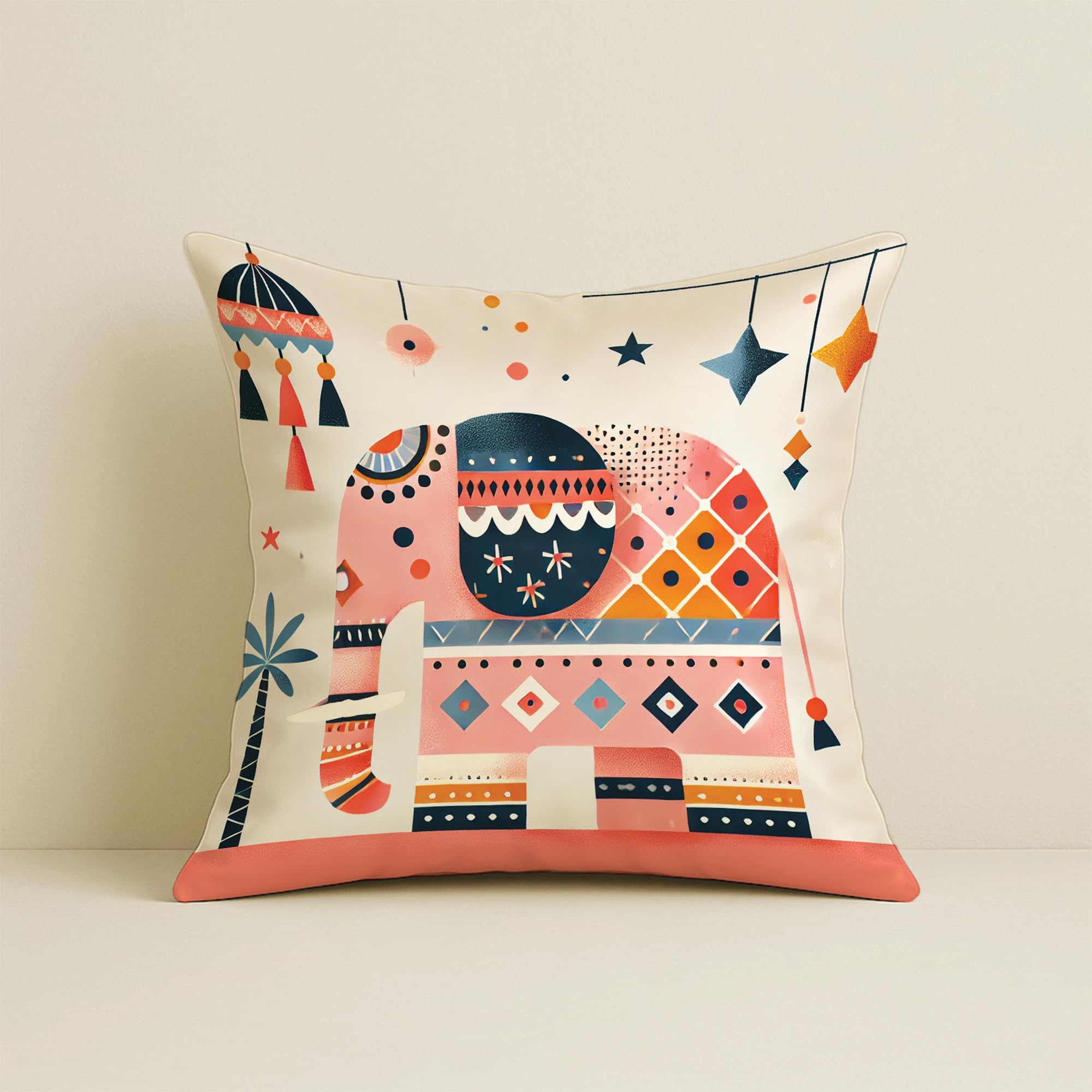 STITCHNEST Elephant & Boho Floral Satin Cushion Covers 16x16 Inch, Pack of 2 for Living Room, Sofa & Kids Room Decor