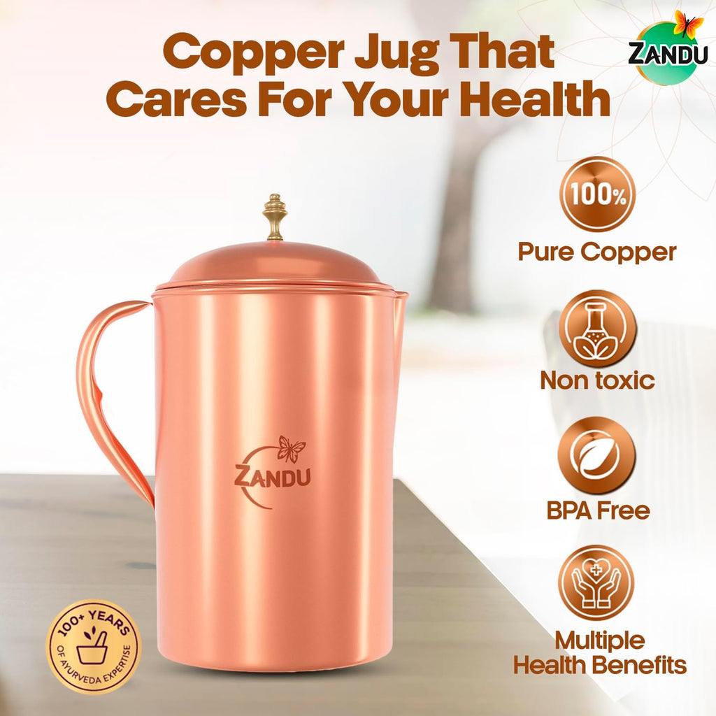 Zandu Copper Jug (2 L): Ayurveda Inspired | 100% Pure Copper | Copper Infused Water | Supports Digestive & Liver Health | Boosts Immunity | Useful in Promoting Overall Health