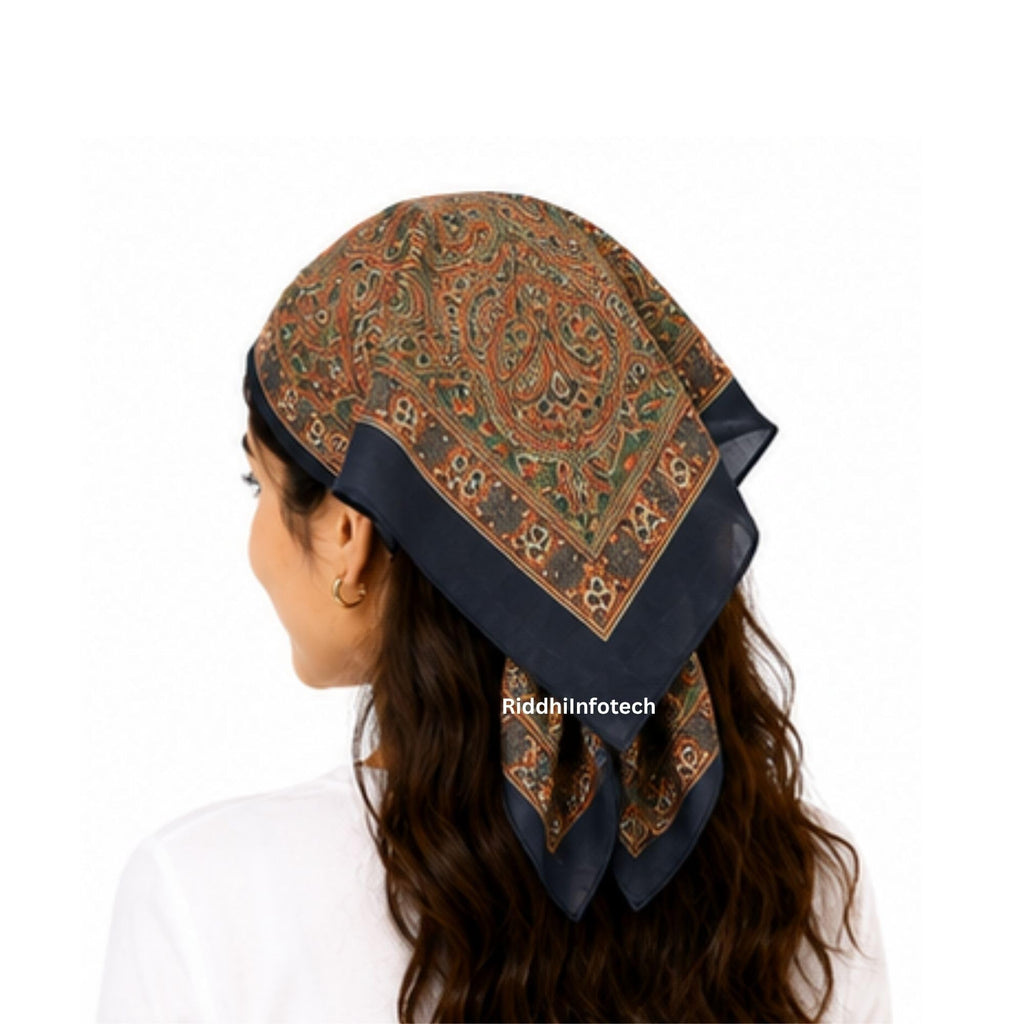 RiddhiInfotech Uttarakhand Pahadi Printed Square Scarf for Women | 26 x 26 Inch Traditional Head Scarf | Vintage Hair Wrap, Bandana, Neck Scarf & Stylish Fashion Accessory | Multicolour