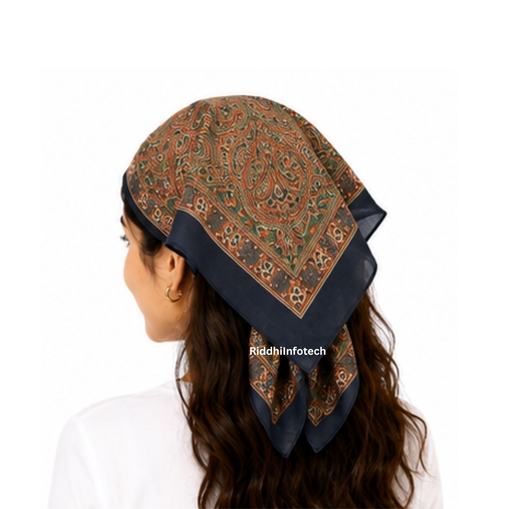RiddhiInfotech Uttarakhand Pahadi Printed Square Scarf for Women | 26 x 26 Inch Traditional Head Scarf | Vintage Hair Wrap, Bandana, Neck Scarf & Stylish Fashion Accessory | Multicolour