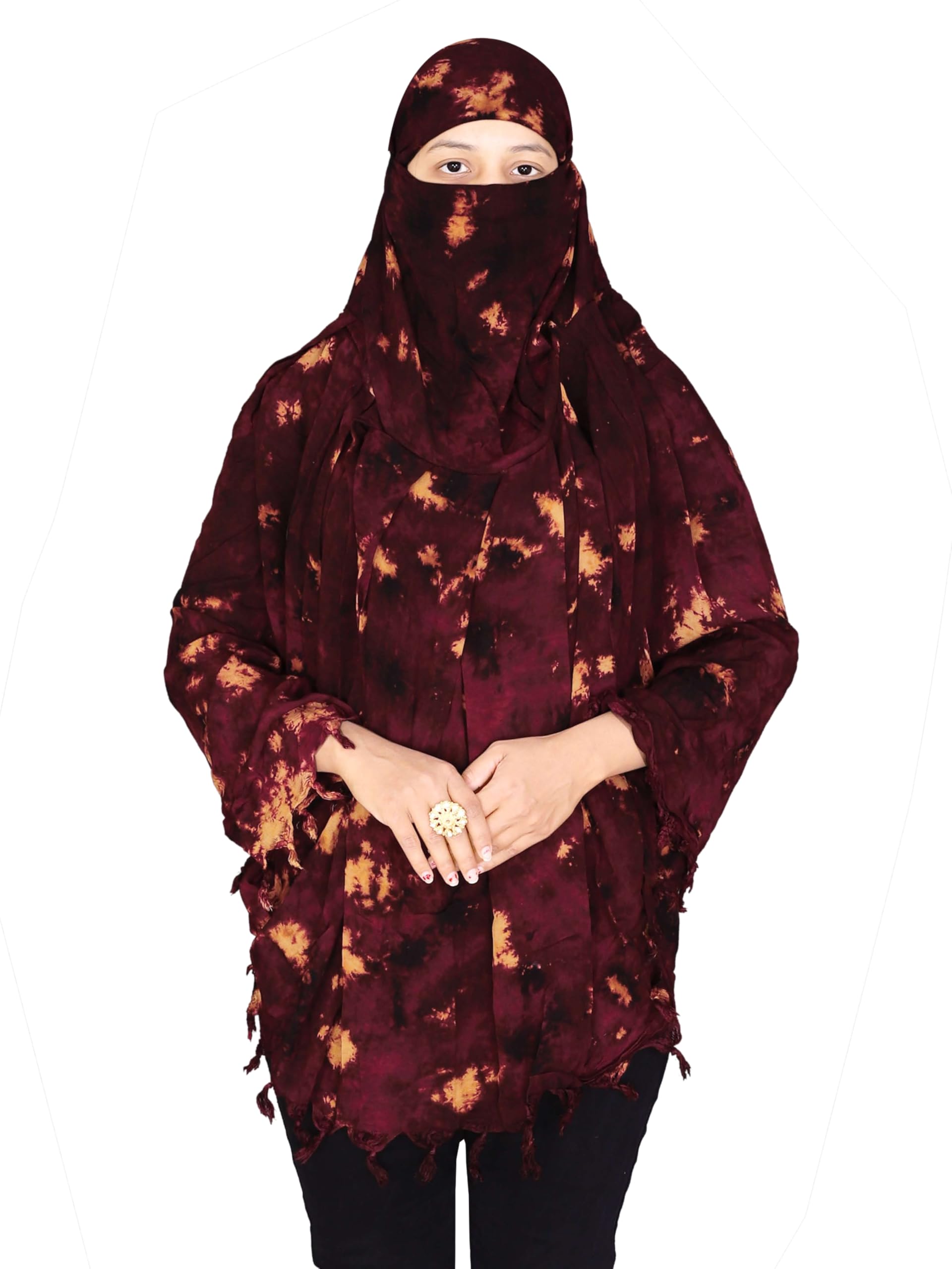 Tie-Dye Niqab Scarf with Face Cover, Navy Blue and Orange Pattern, Traditional Summer,Use for woman's (MAROON, STANDARD)