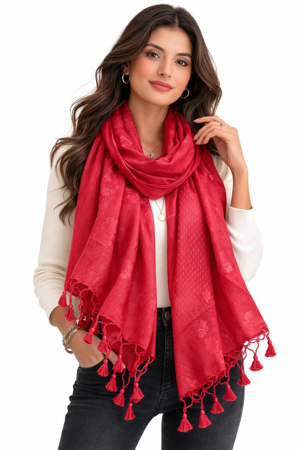 ZEN APPAREL Soft Viscose Fabric Jacquard Scarf, Stole, Shawl (Tomato)