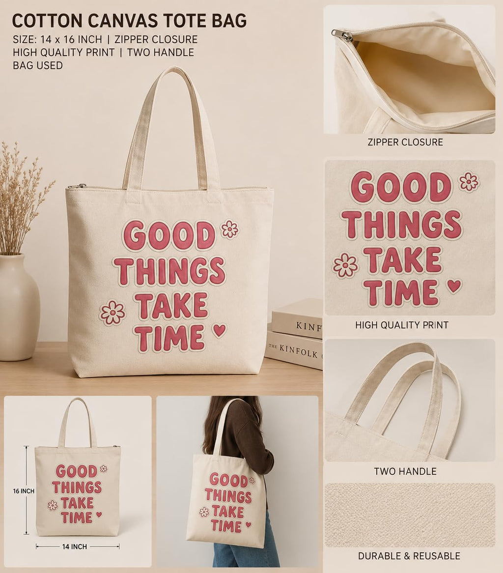 Supadaa Large Canvas Tote Bag For Women With Zipper Premium Cotton Shoulder Handbag Reusable Shopping Office College Travel Beach Grocery Bag (Good Time)
