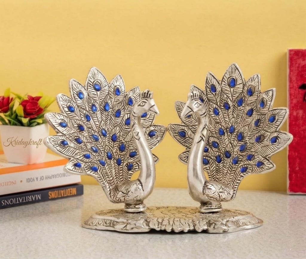 KridayKraft Double Peacock Metal Statue, Lovers Peacock Couple, Animal Showpiece Figurines, Feng Shui as Table Top Figurine for Living Room, Office, Bedroom, Decorative (Silver)