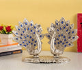 KridayKraft Double Peacock Metal Statue, Lovers Peacock Couple, Animal Showpiece Figurines, Feng Shui as Table Top Figurine for Living Room, Office, Bedroom, Decorative (Silver)