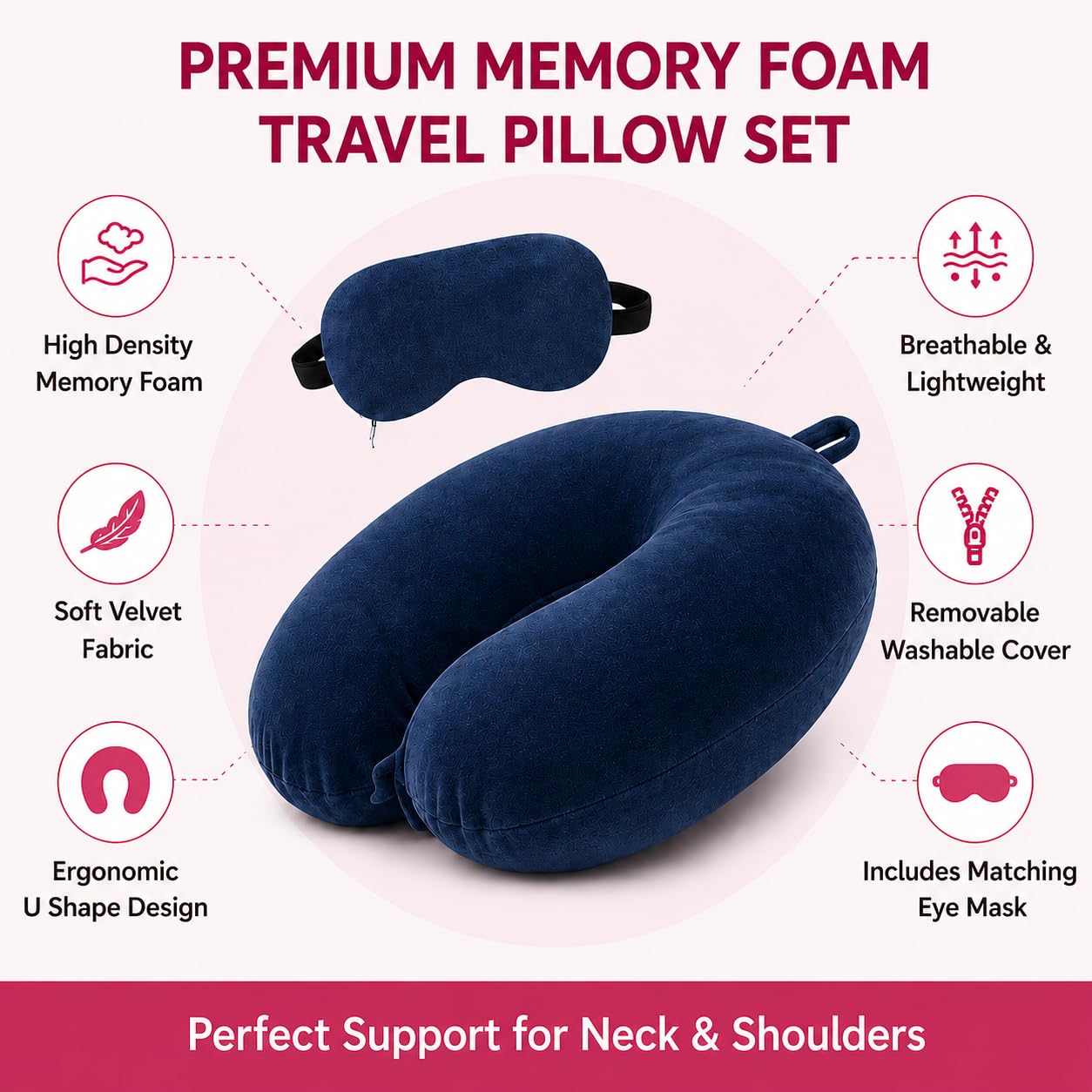 Billebon Gel Infused Memory Foam Neck Pillow, Travel Pillow with Adjustable Velcro Straps, for Travelling & Flight Travel, Ergonomic Support for Comfort