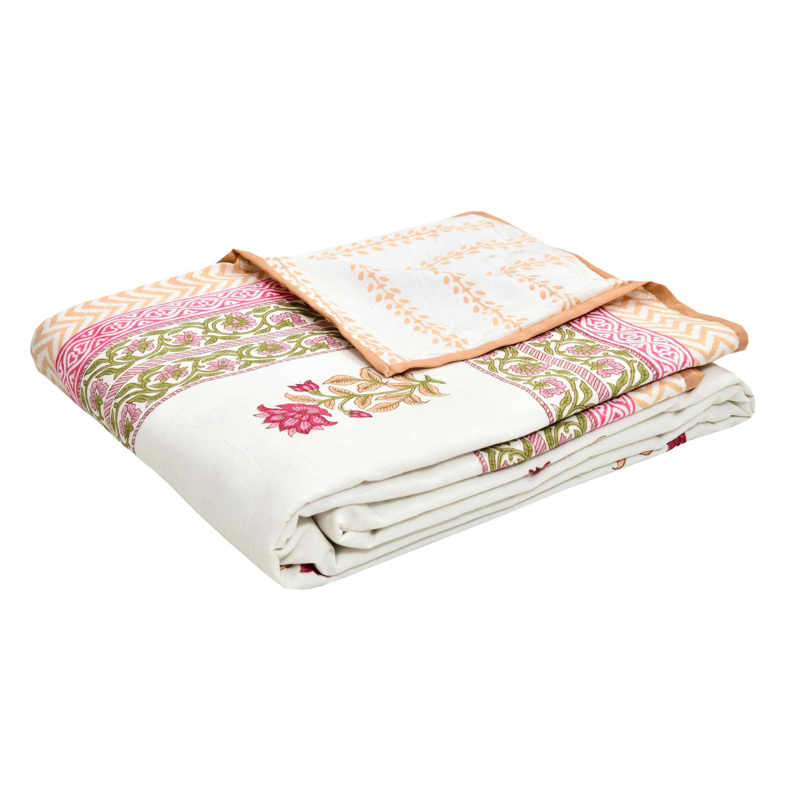 BLOCKS OF INDIA 100% Cotton Dohar King Size Reversible Hand Block Printed Malmal Summer Dohar/Blanket (Pink Cream Flower) Kafalo