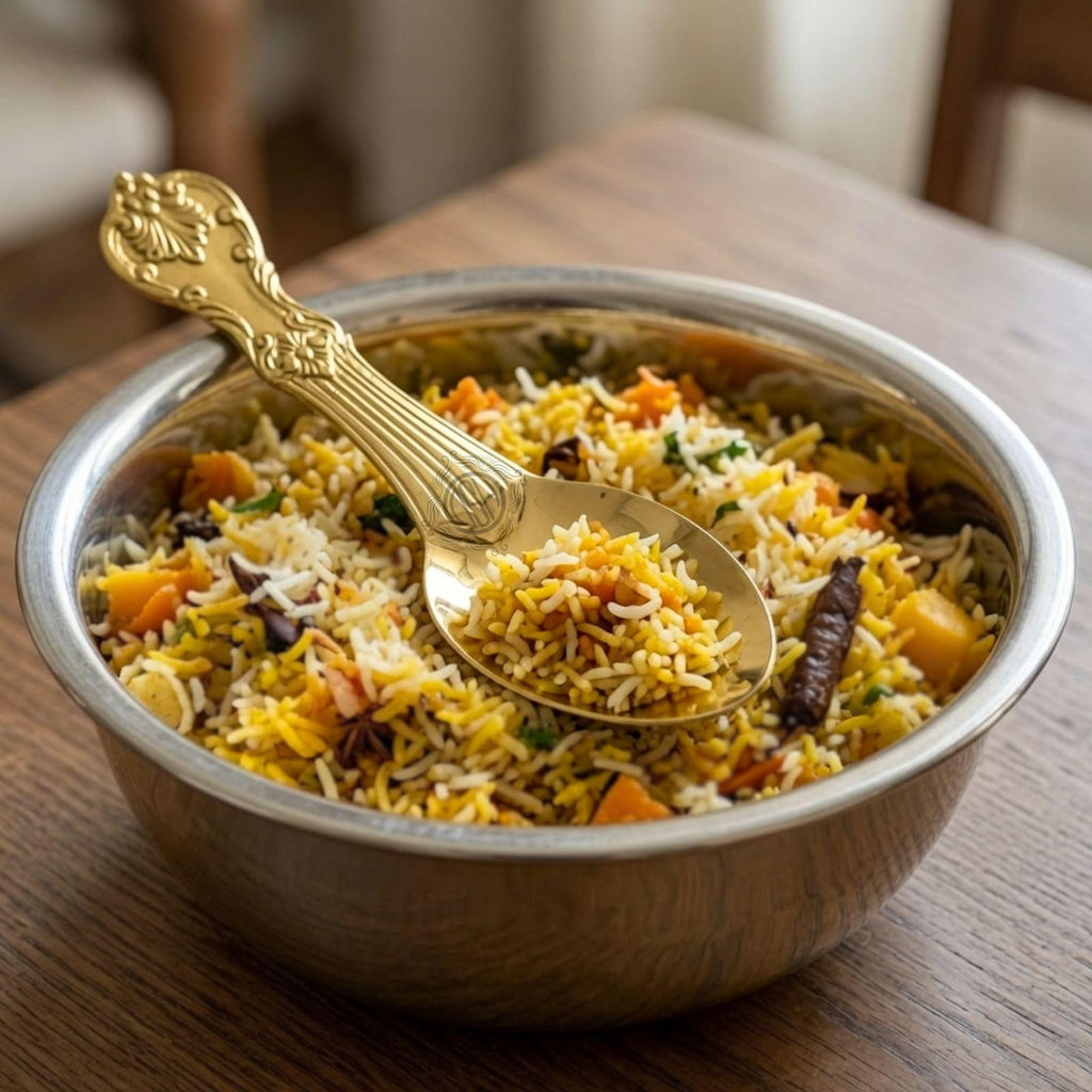 DSH Pure Brass Spoon Cooking and Serving Spoon Set Embossed Design for Home Hotel and Restaurant. (Rice Palta)