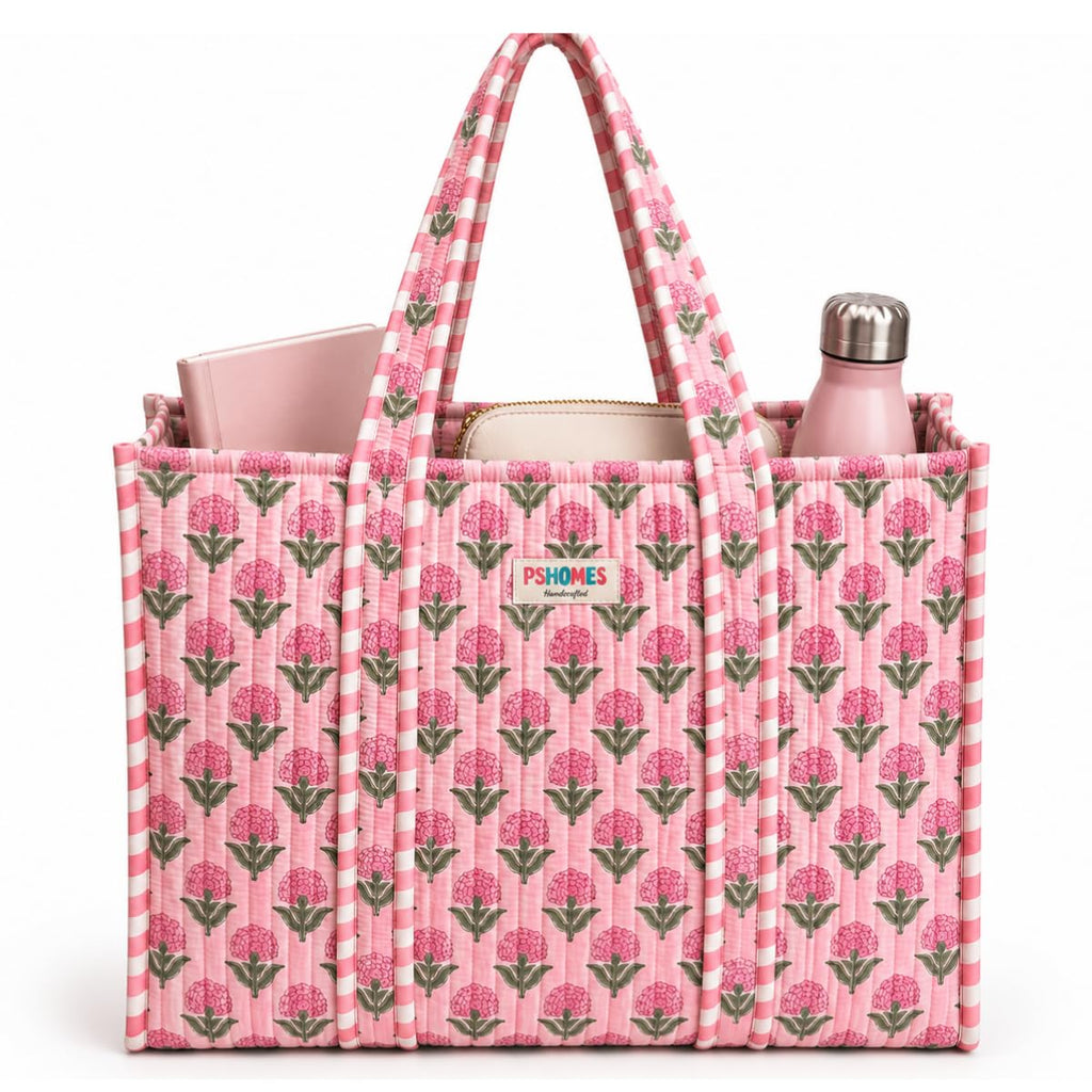 PShomes Large Cotton Tote Bag 18x18 Inches – 100% Cotton Shoulder Bag with Inner Pocket | Reusable Eco-Friendly Carry Bag for Laptop, Shopping, Travel & Daily Use (Pink-ROSES)