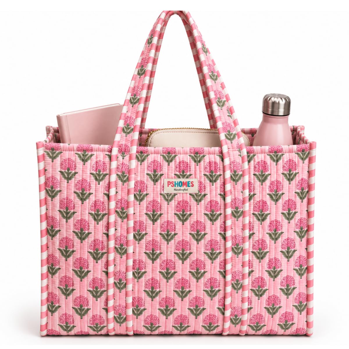 PShomes Large Cotton Tote Bag 18x18 Inches – 100% Cotton Shoulder Bag with Inner Pocket | Reusable Eco-Friendly Carry Bag for Laptop, Shopping, Travel & Daily Use (Pink-ROSES)