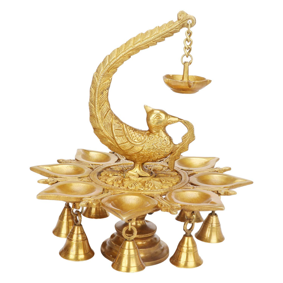Artvarko Big Brass Parrot Hanging Diya with Bells Traditional Deepak for Puja Diwali Lights Pooja Home Decor Mandir Gift Holder Gold 10 Inches