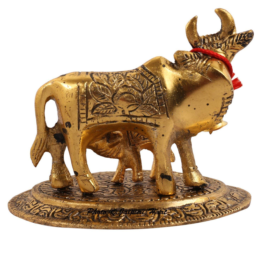 Rci Handicrafts Aluminium Kamdhenu Cow and Calf with Krishna Oxidized Handmade Spiritual Showpiece Figurine Sculpture, Standard Size (Golden)