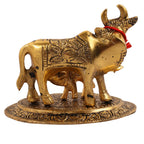 Rci Handicrafts Aluminium Kamdhenu Cow and Calf with Krishna Oxidized Handmade Spiritual Showpiece Figurine Sculpture, Standard Size (Golden)