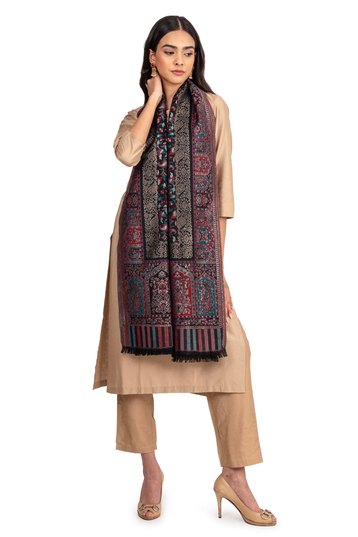 Naureen Women Faux Pashmina Kani Stole with Mughal Artwork and Zari Accents, Warm and Soft, 28x80 inch