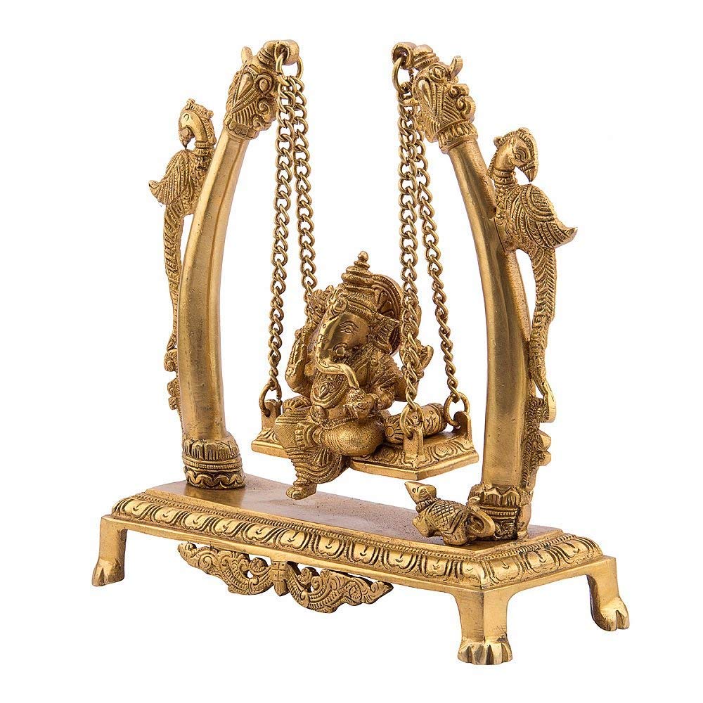SVARUP Brass Ganesha on Jhoola Ganesh Swing Home Decor Showpiece Gift Statue 9.5 Inch, Gold 1 Pcs Standard
