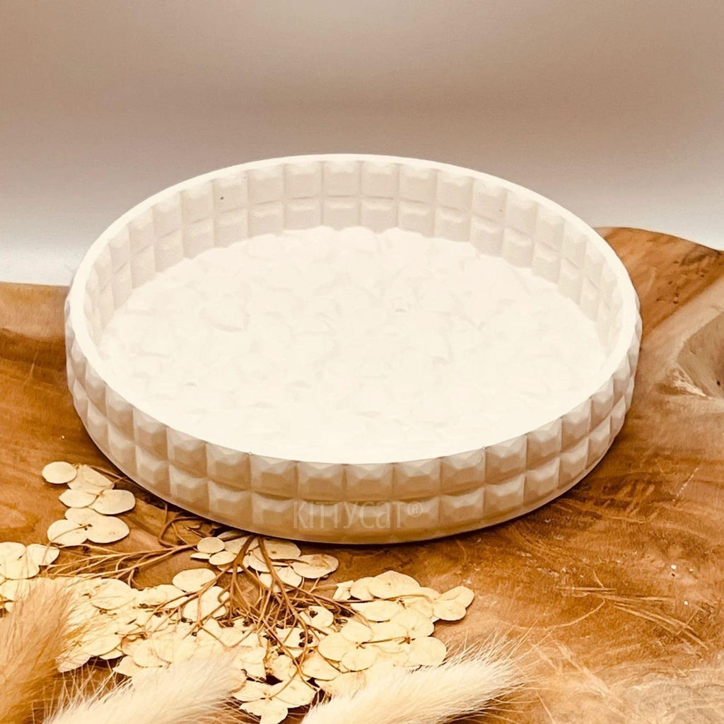 Kitty Cat® Handmade Concrete Trinket Tray | Off-White Jewelry & Makeup Organizer | Elegant Home Decor & Candle Holder | Multifunctional Storage Tray for Desk & Bedroom (Round) 13cm