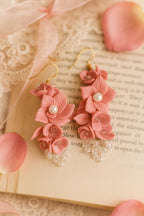 Handmade Pink Floral Clay Earrings for Women | Lightweight Polymer Clay Earrings with Pearls & Crystal Beads | Statement Dangle Earrings | Ethnic Wedding & Festive Jewelry Gift