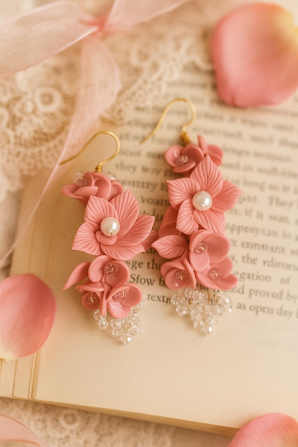 Handmade Pink Floral Clay Earrings for Women | Lightweight Polymer Clay Earrings with Pearls & Crystal Beads | Statement Dangle Earrings | Ethnic Wedding & Festive Jewelry Gift