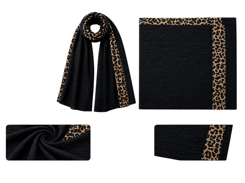 Women’s Pleated Leopard Print Border Scarf – Versatile Modest Hijab, Chic Animal Print Shawl/Stole for All Occasions (Black)