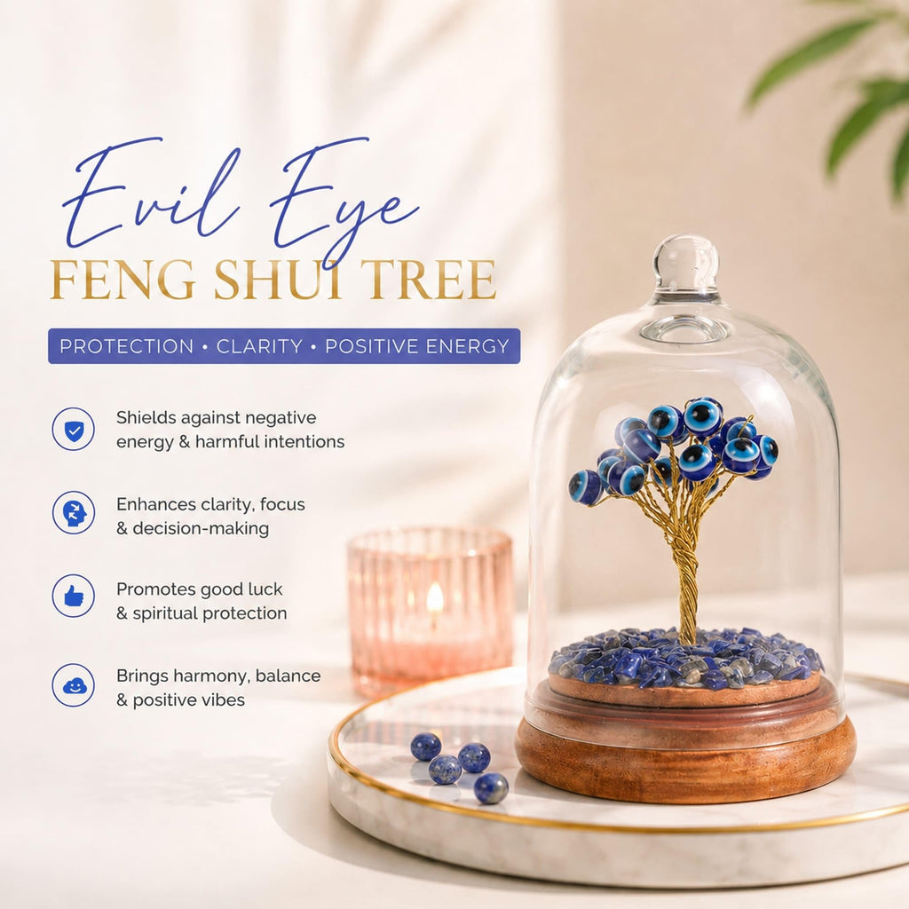 Habere India-All the Cultures Fabricating India Evil Eye Feng Shui Crystal Tree with Openable Glass Dome | Good Luck & Protection Tree | Decorative Showpiece for Home & Office (L8 x W8 x H12 cm)