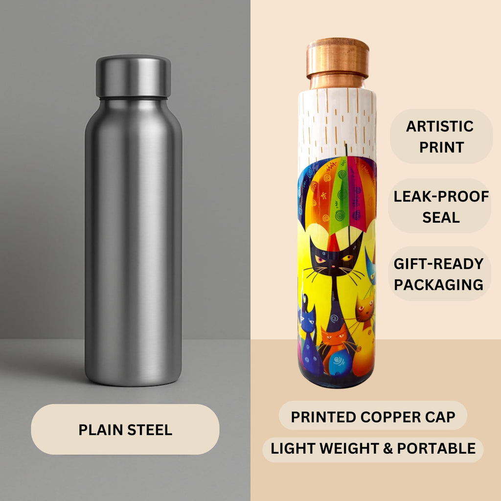 PAINTZSTORIES Rainy Day Whiskers Meena Print Copper Water Bottle | Handcrafted Tamba Bottle | Premium Copper Water Bottle for Home Décor, Office, Travel & Gifting | 900 ml
