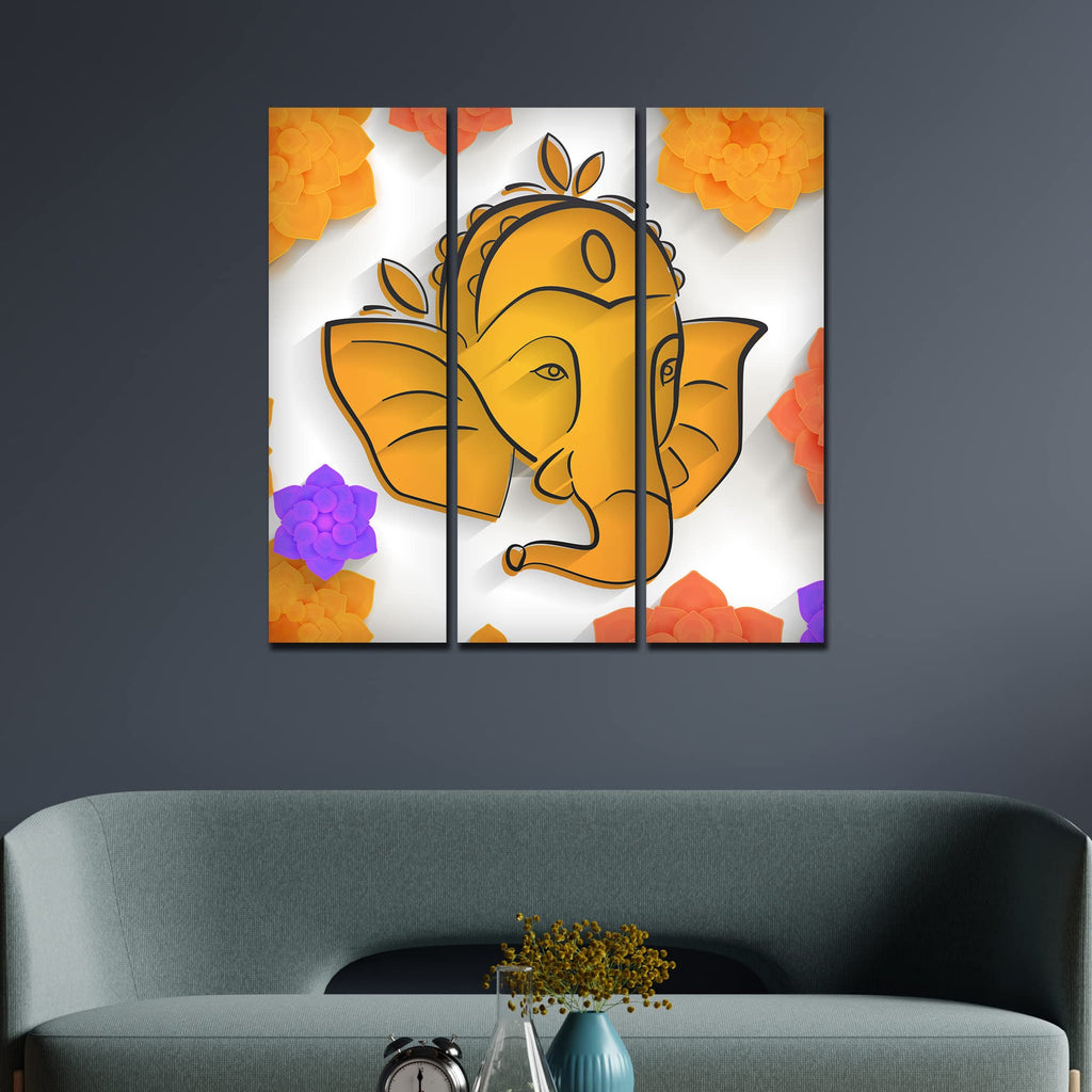 VIBECRAFTS Shree Ganesha Face 3 Pieces Canvas Wall Painting Fitted With Wooden Frame For Home | Office | Living Room | Gifts (PTVC3Pcs1_9562)