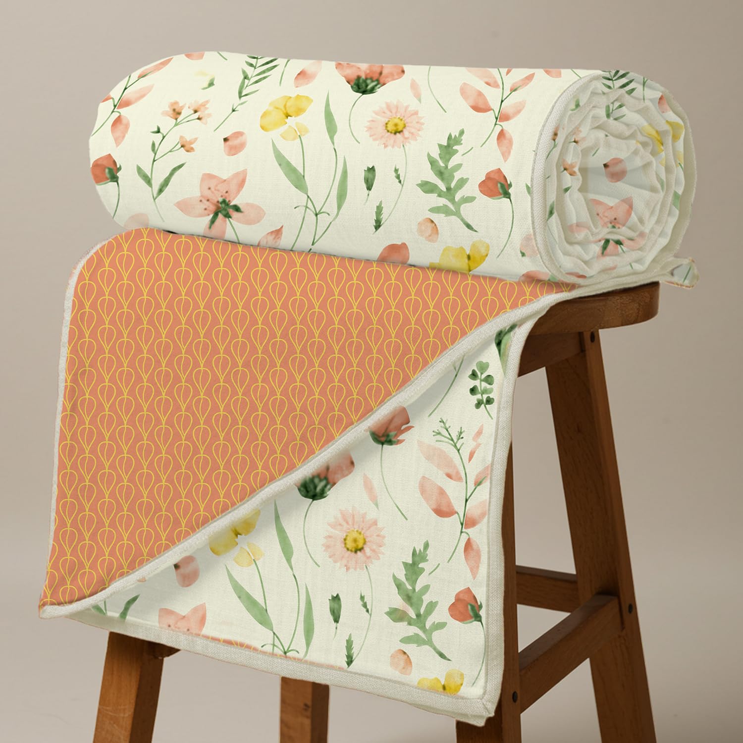 Urban Space 100% Cotton Malmal Double Bed Dohar, All Season Reversible Blanket, Soft, Lightweight and Breathable Ac Dohar/Quilt/Blanket/for Bed, Sofa AC Blanket (86 x 95 inch, Meadows Buttercream) Kafalo