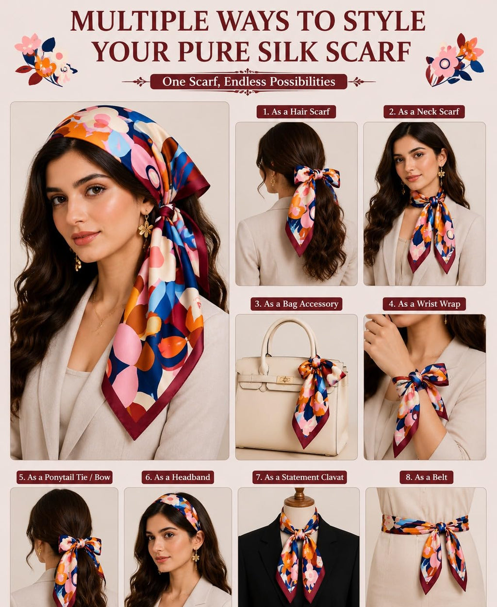 Etietnic Satin Square Head Scarf for Women,RED BORDER Printed