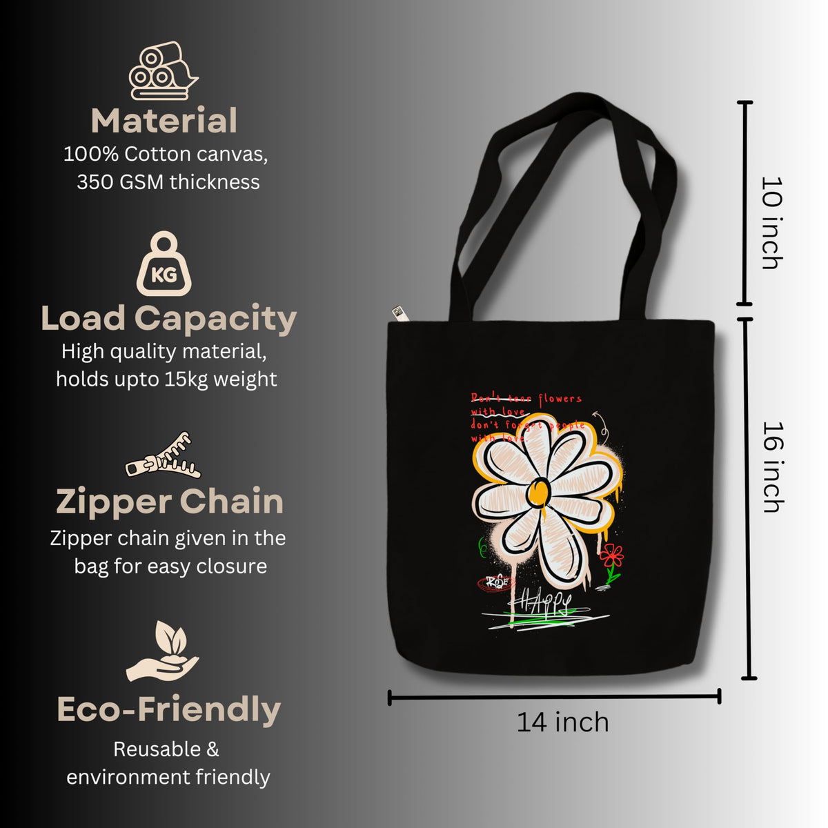 snapiq Cotton Canvas Tote Bag for Women and Girls 350 GSM Thick Fabric with Zipper | Black