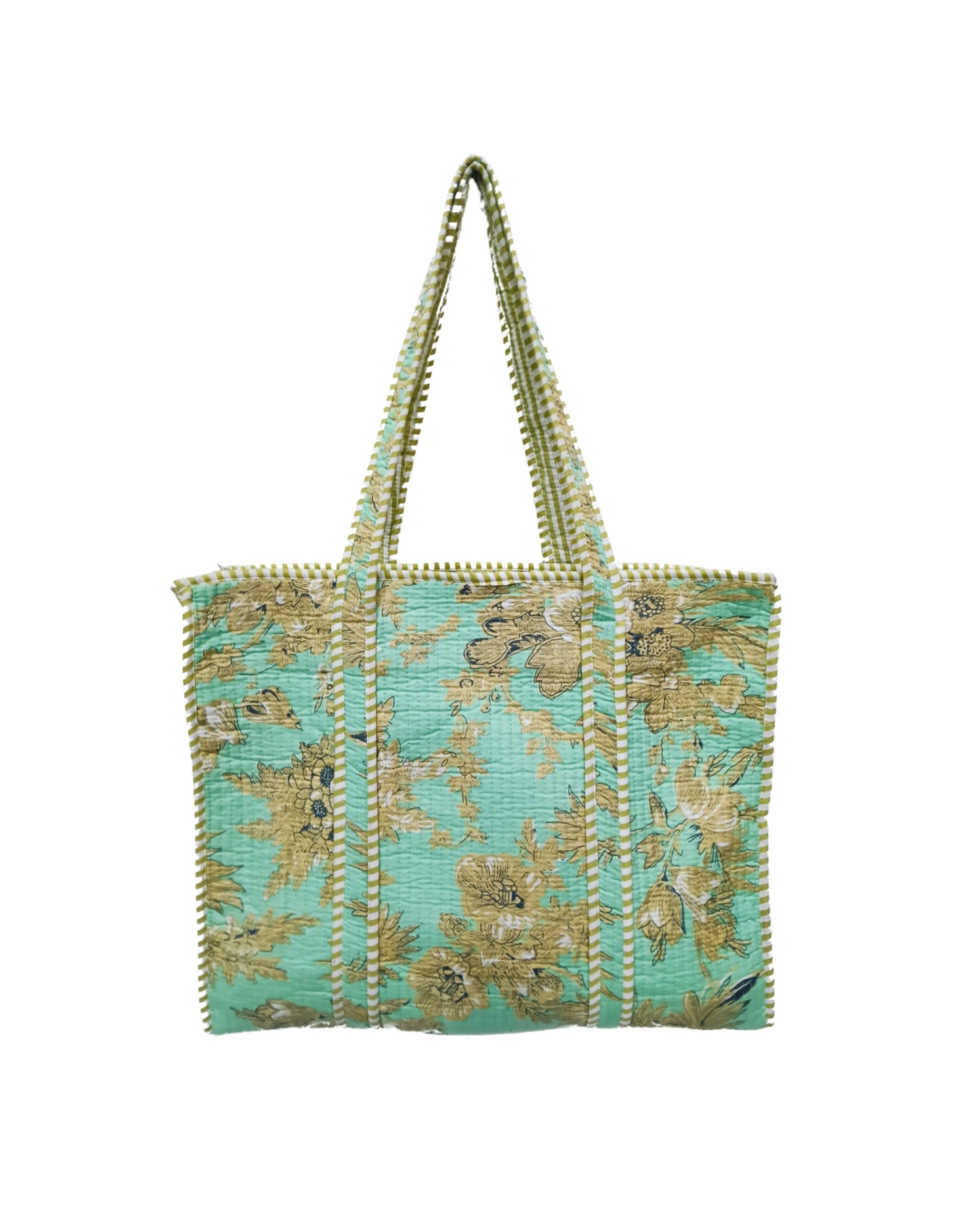 Raj Handicrafts Cotton Printed Tote Bag,Hand Bag Multicolor Quilted Hand Block Floral Printed Women's Carry Bag Shoulder Shopping Tote Bags 18x5.5x16 Inch (Sea Green 3)