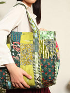 Ravaiyaa - Attitude is everything Patchwork Quilted Tote Bag Women Reversible Shoulder Bag Cotton Carry Bag Multipurpose Tote Bags (Green)