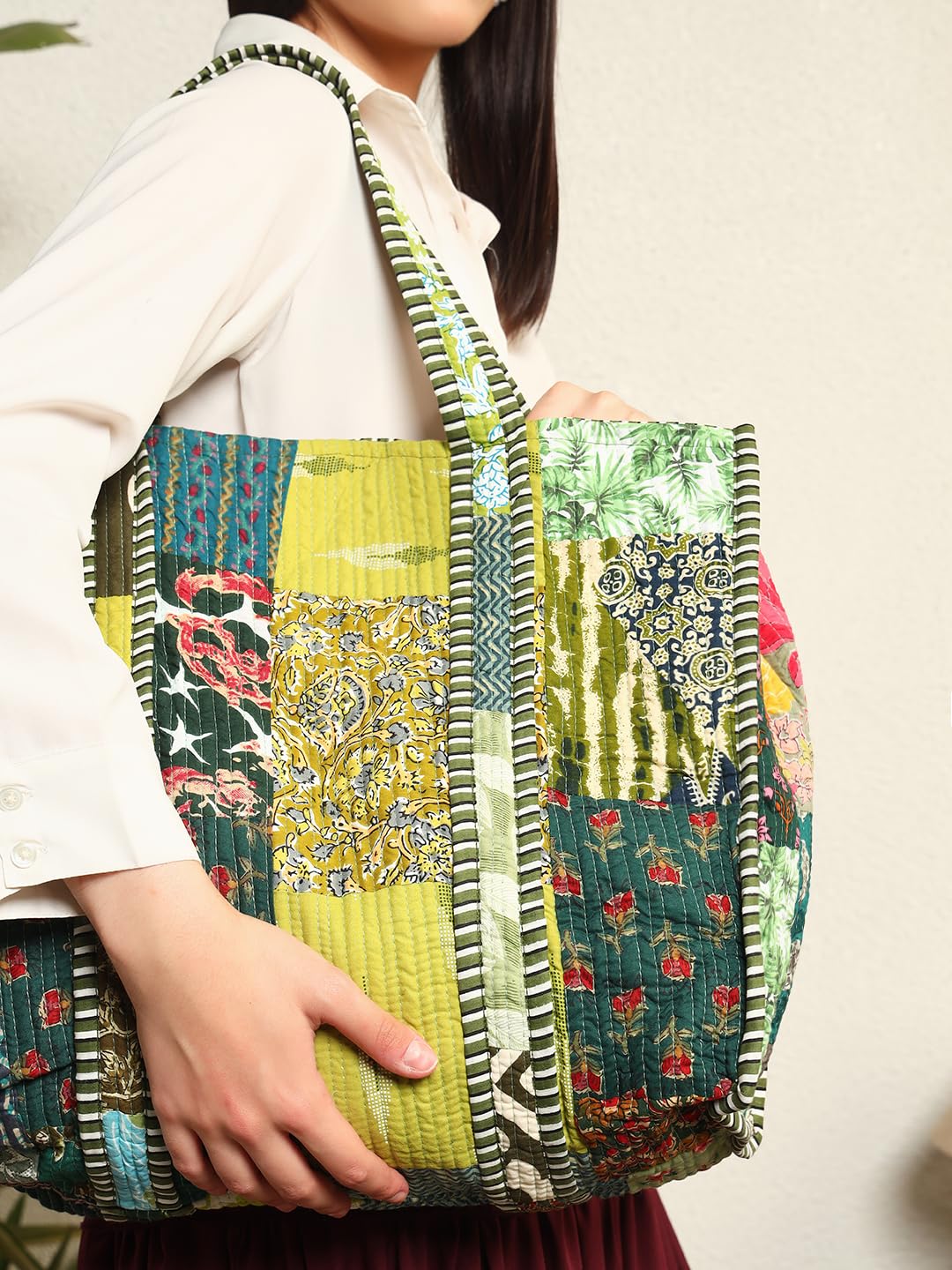 Ravaiyaa - Attitude is everything Patchwork Quilted Tote Bag Women Reversible Shoulder Bag Cotton Carry Bag Multipurpose Tote Bags (Green)