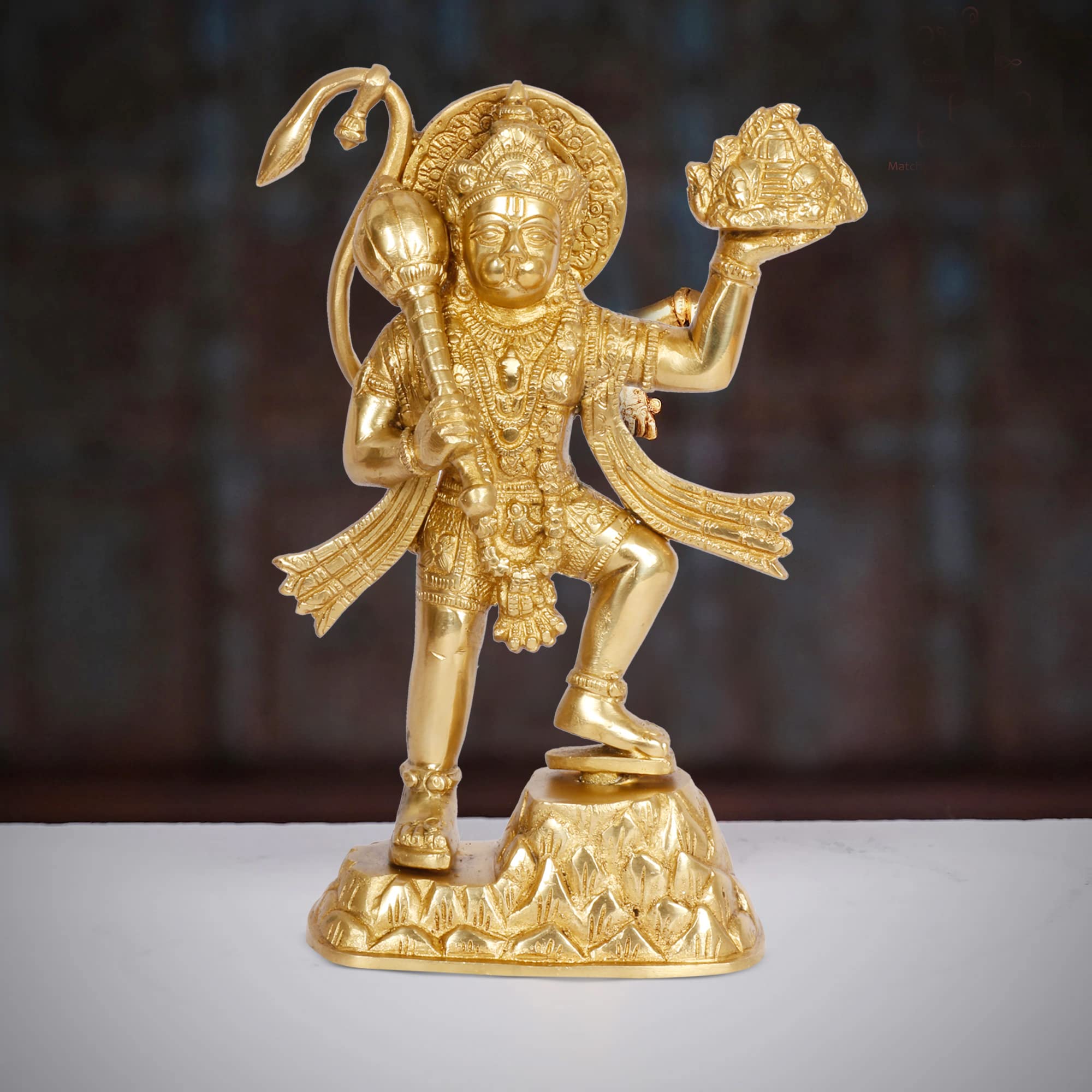ARTVARKO Brass Hanuman ji Idol with Gandhmardn Hill Bajrang Bali Sankat Mochan Dronagiri Sumeru Hill Puja Decor Gift Height 9.5 inch