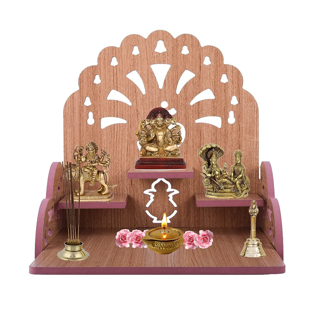 Lakhaji Wooden Wall Mounted Hanging Puja Temple Wood God Stand for Pooja Room (27.94 x 27.94 x 27.94 CM) (Beige)