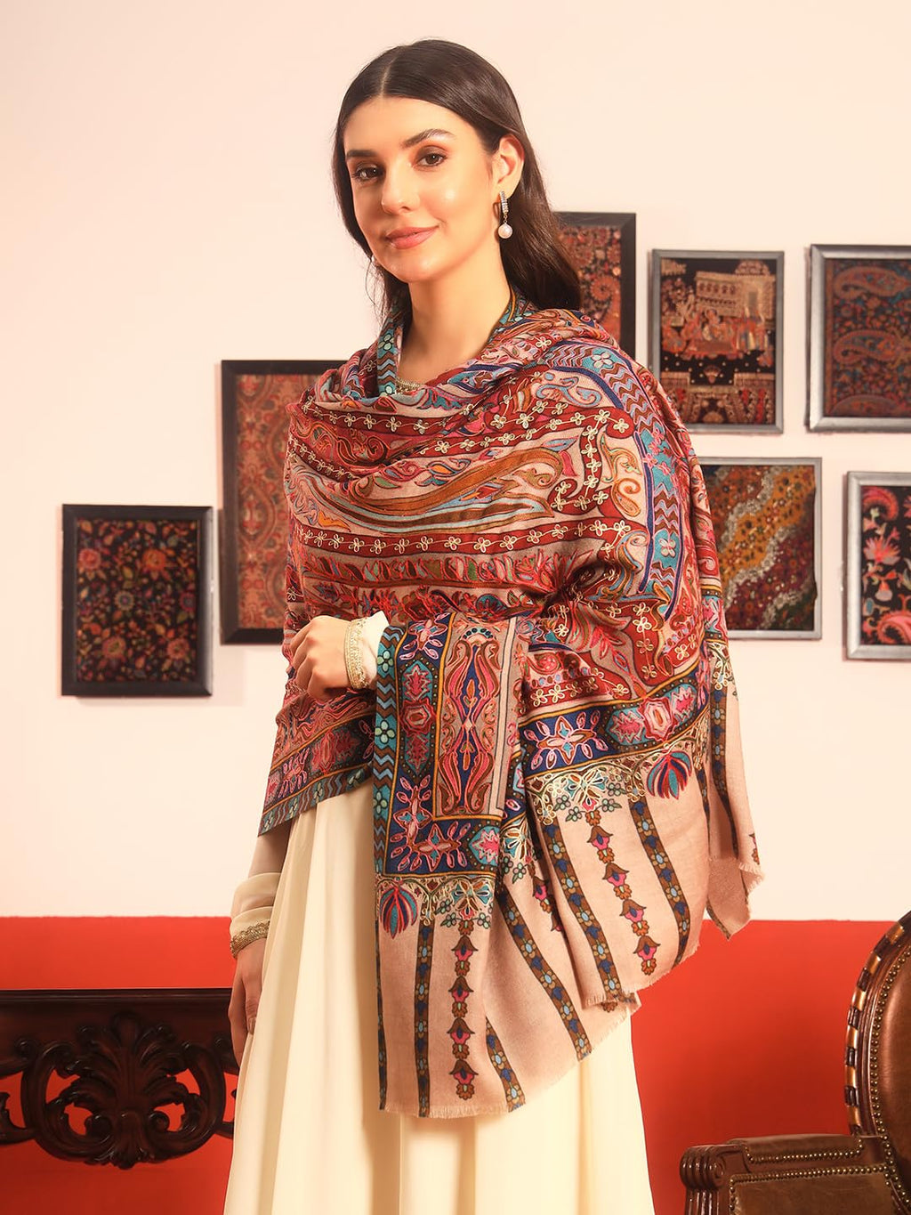 Pashmoda Women Rangrez Rangkalam 100% Pure Wool Fabric Kalamkari Embroidered Shawl (Size: 40x80in, 101x203cm) KAS23