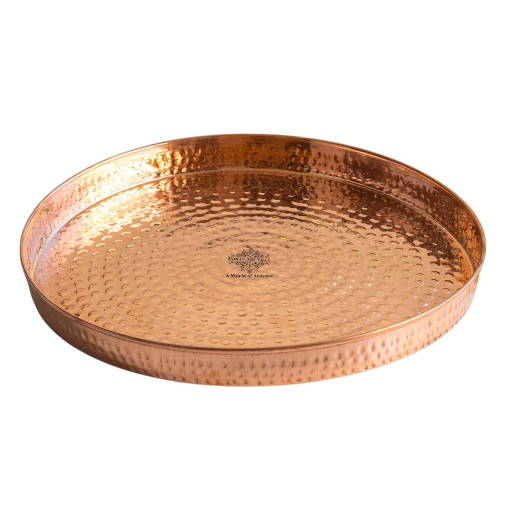 INDIAN ART VILLA Hammered Copper Thali Dinner Plate – 13 Inch Pure Dinnerware & Serveware for Home, Hotel & Restaurant Use, Traditional Indian Thali Plate